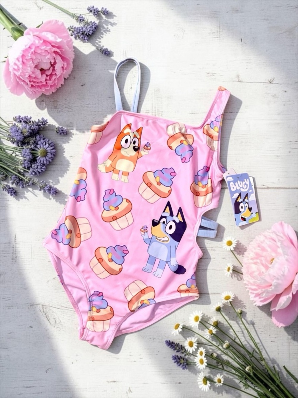 Bluey Girls Soft Pink Cupcake Character One‑Piece Swimsuit Large (10–12) – NWT